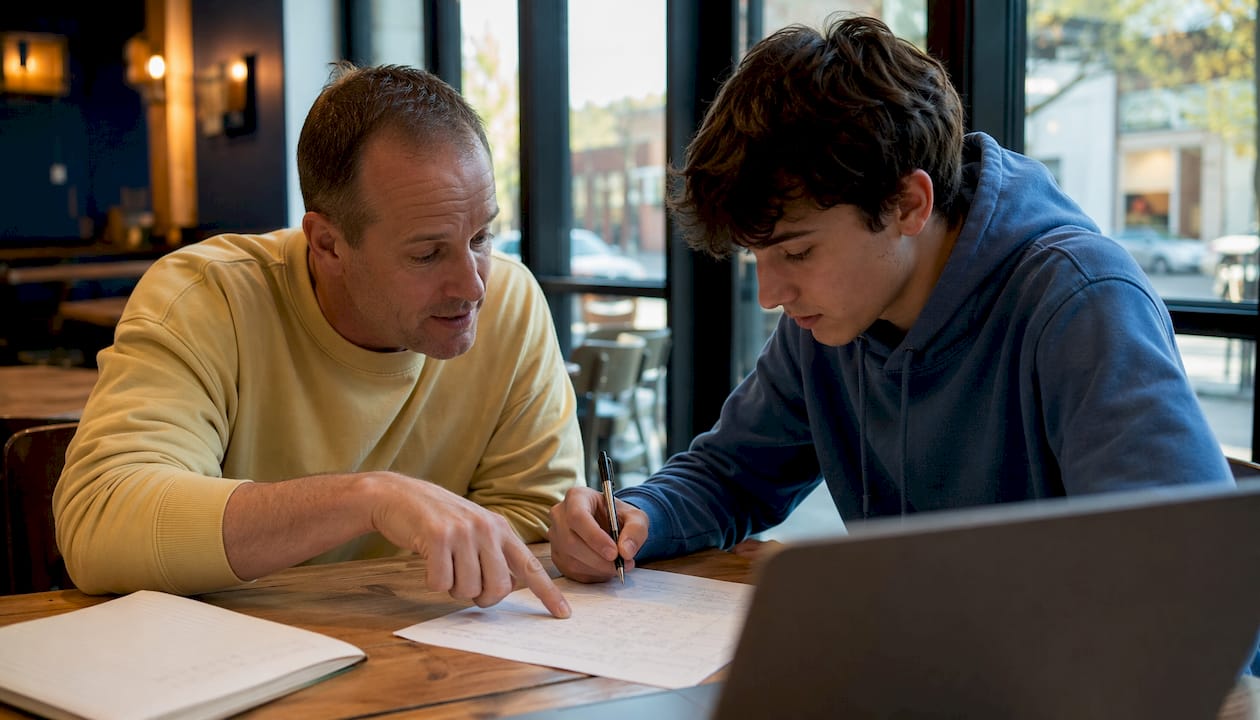 Tutor and student reviewing GCSE maths worksheet