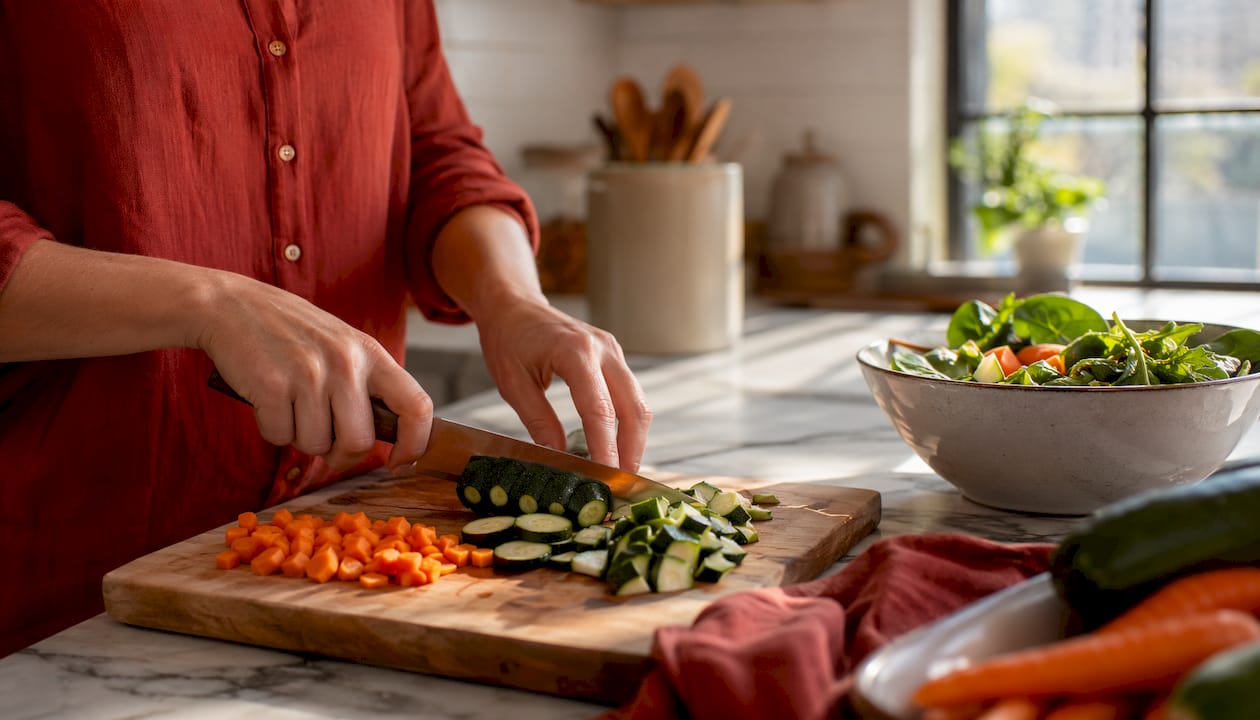 Hands slicing fresh vegetables in kitchen