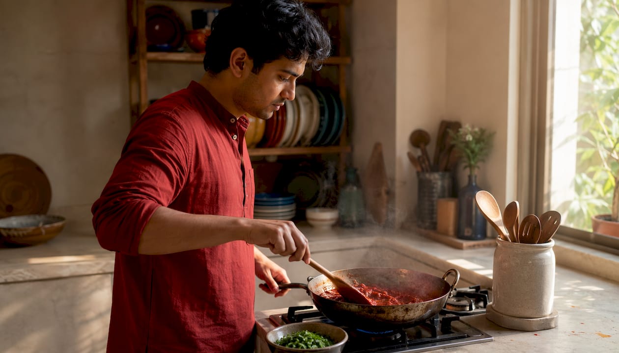 Man stirring tomato paste in cast iron skillet