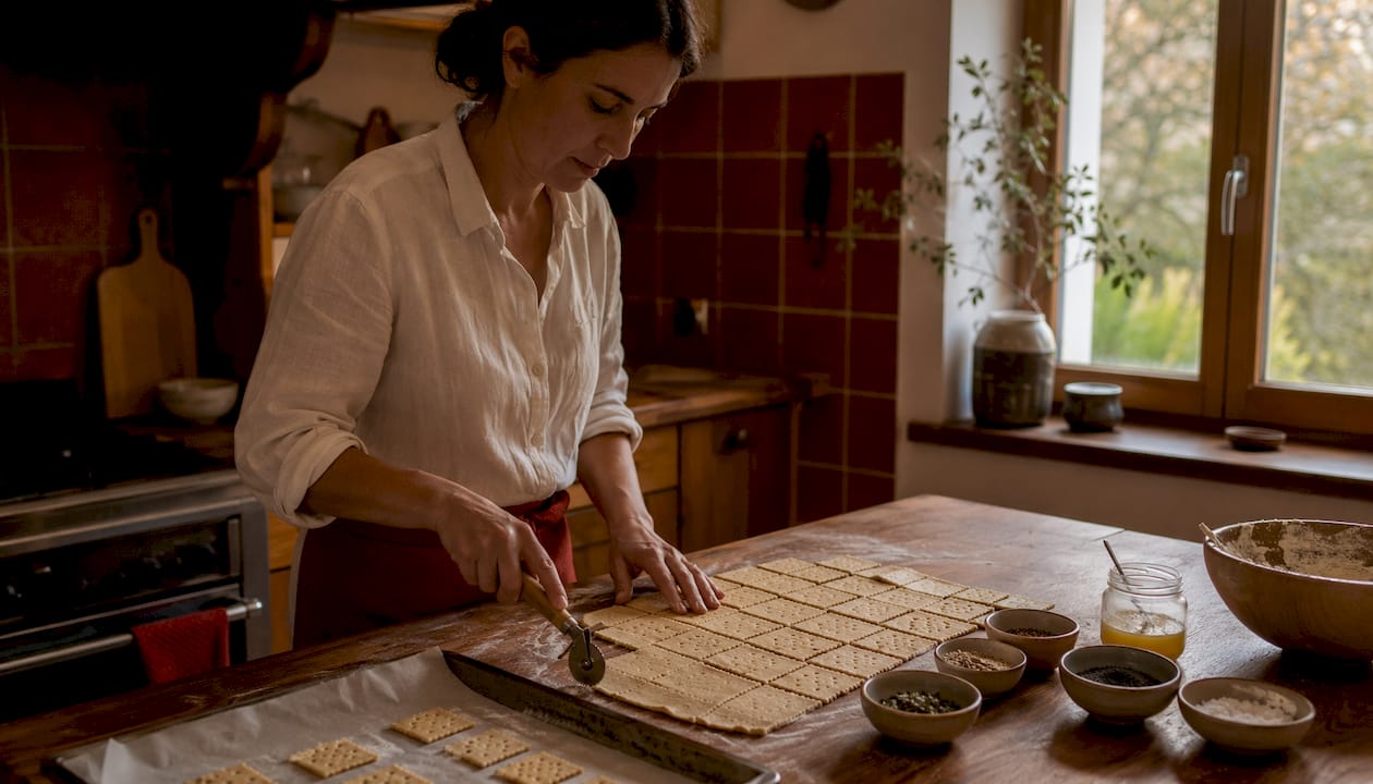 Overhead view of sourdough discard crackers before baking