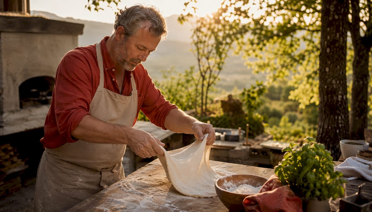 Man stretching sourdough discard pizza dough in kitchen
