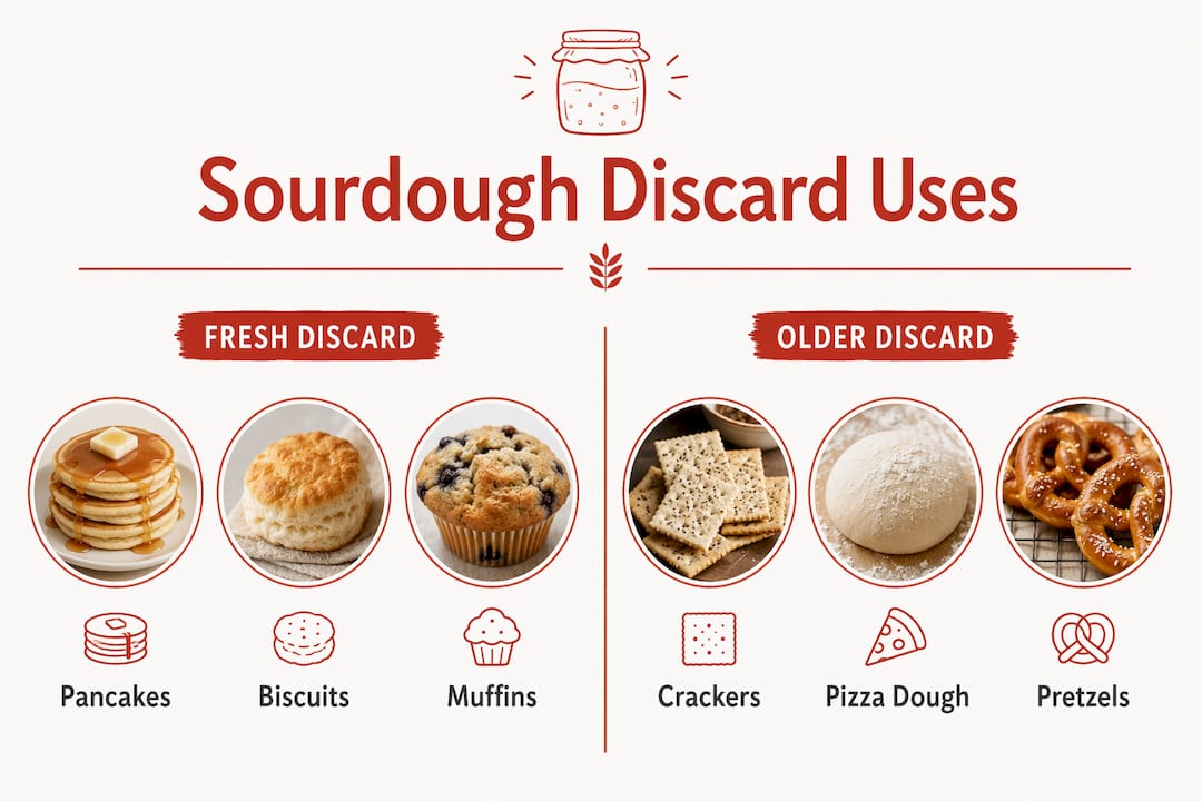 Infographic showing sourdough discard uses by freshness