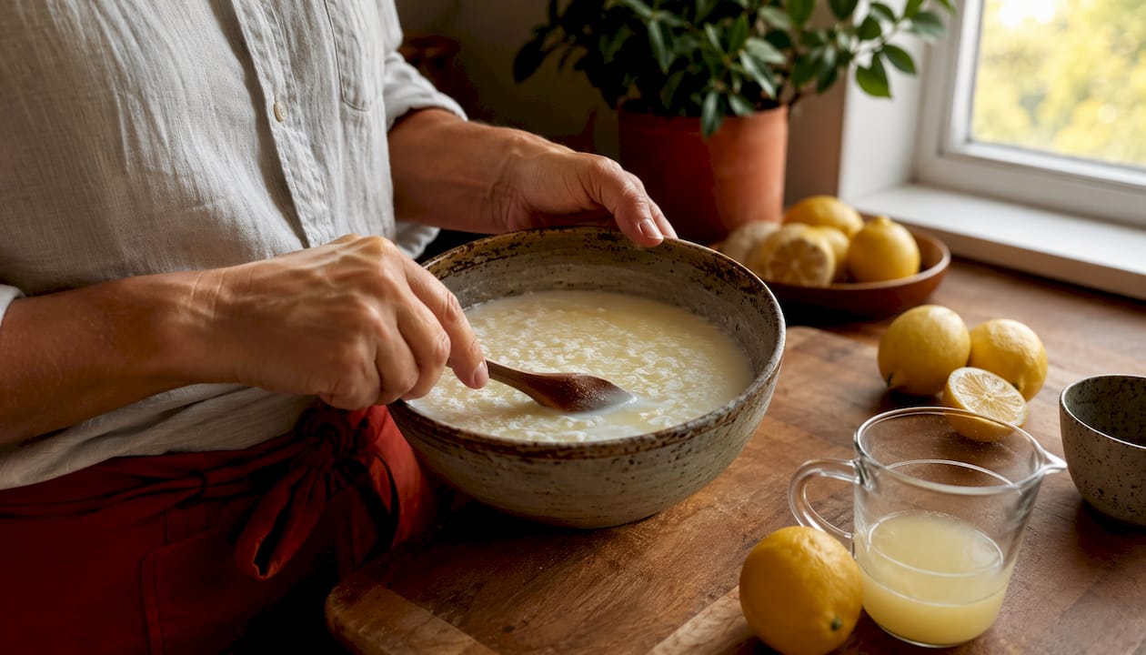Hands stirring milk and lemon acid mixture