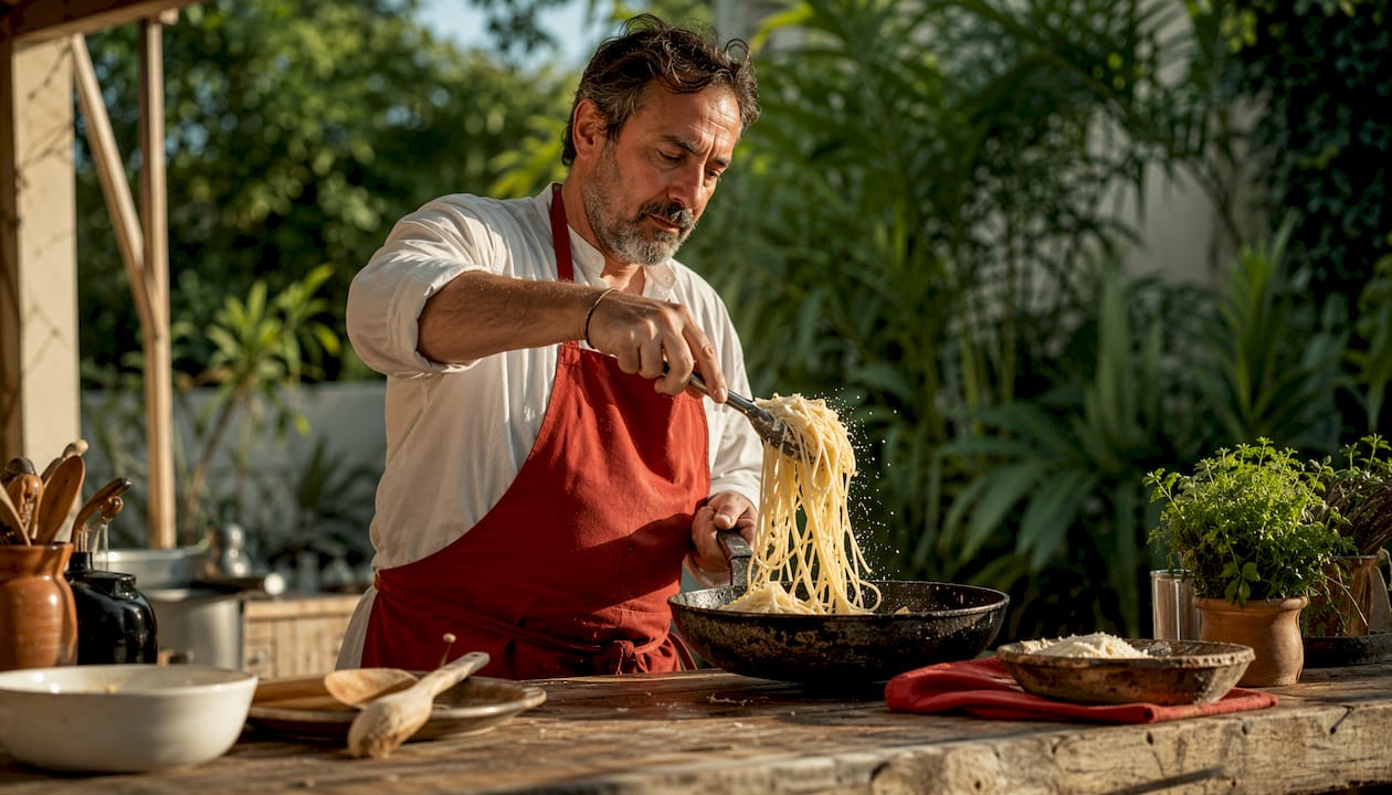 Chef cooking cacio e pepe in kitchen