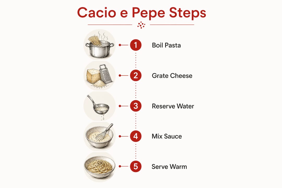 Infographic showing cacio e pepe cooking steps