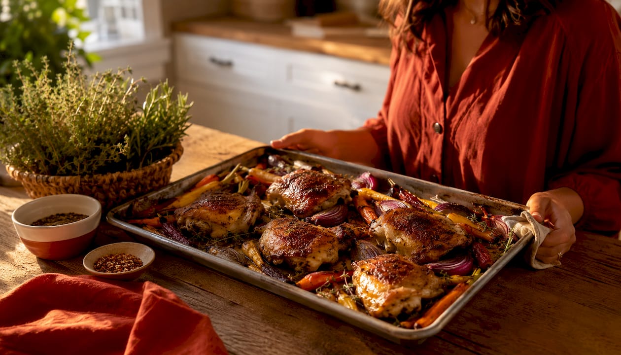 Cooked sheet pan chicken and potatoes dinner
