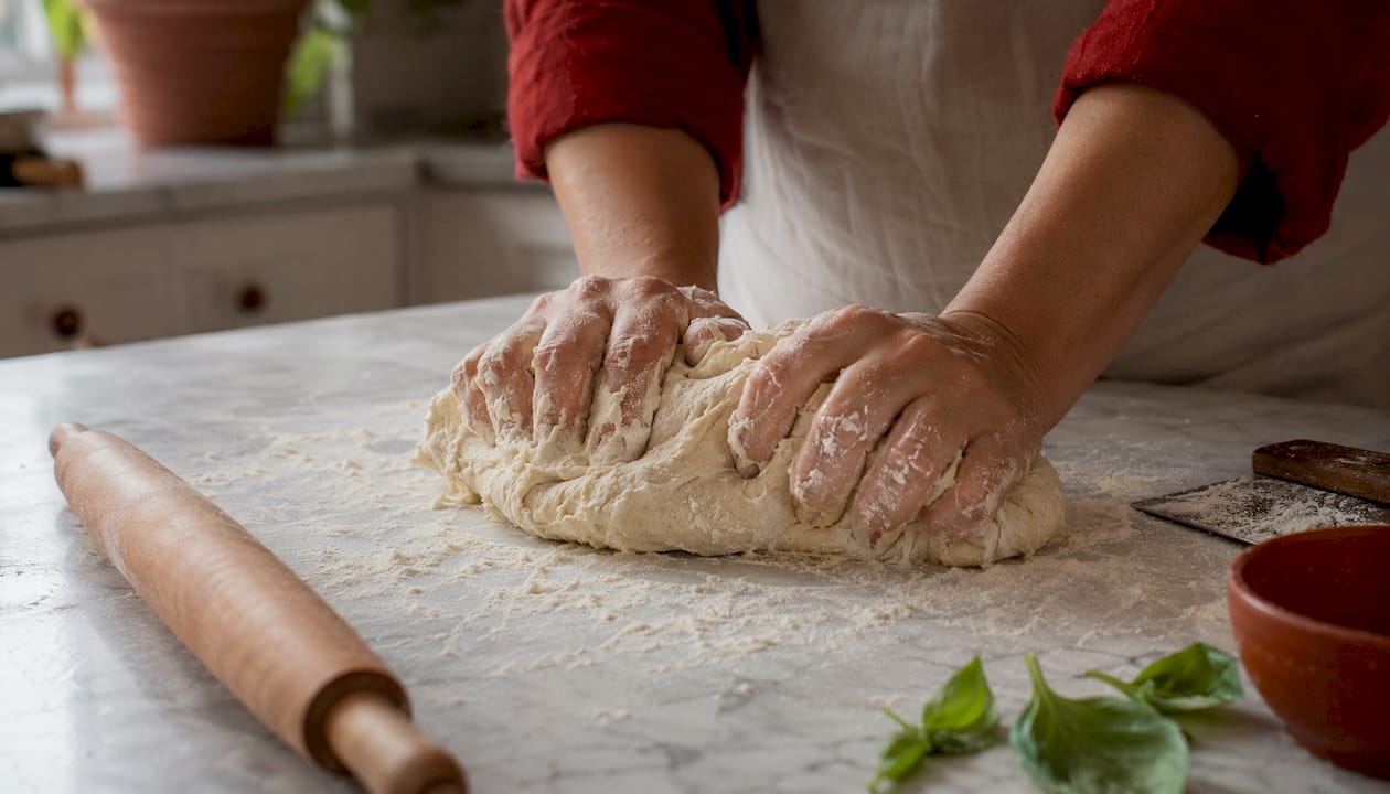 Hands mixing pizza dough in bowl