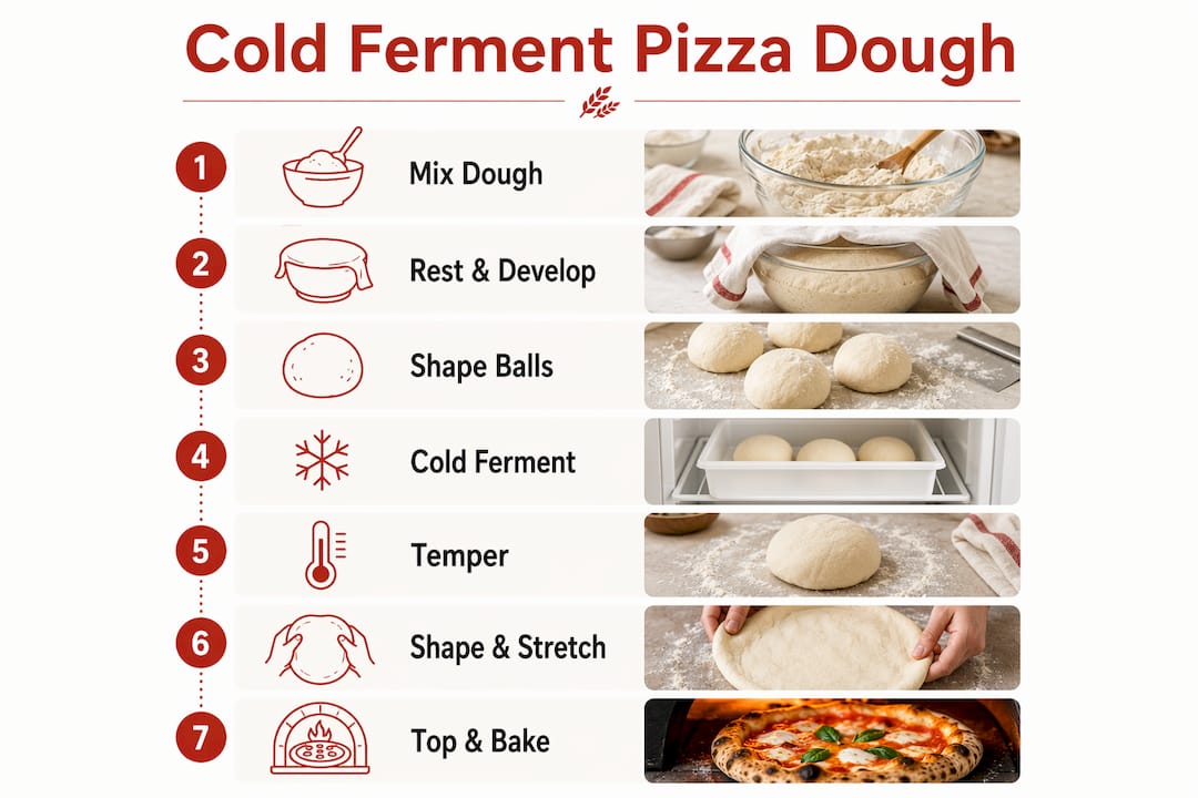 Infographic illustrating pizza dough cold fermentation steps