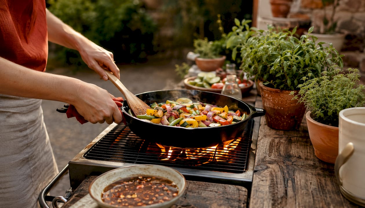 Hands stirring stir-fry in 5-ply pan on stove