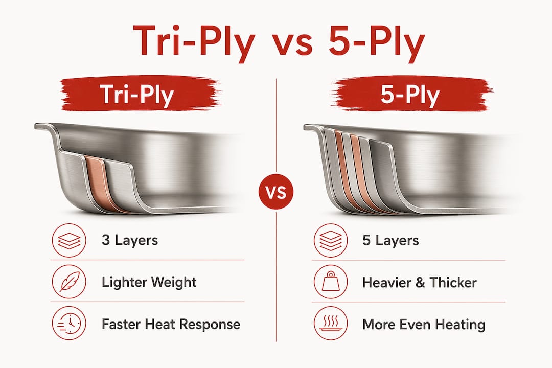 Infographic comparing tri-ply and 5-ply pan features