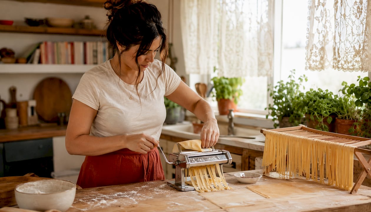 Hands making pasta sheets with pasta machine