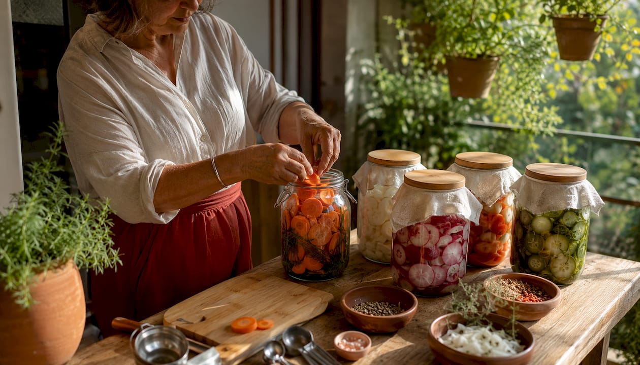 Hands preparing vegetables for fermentation jars