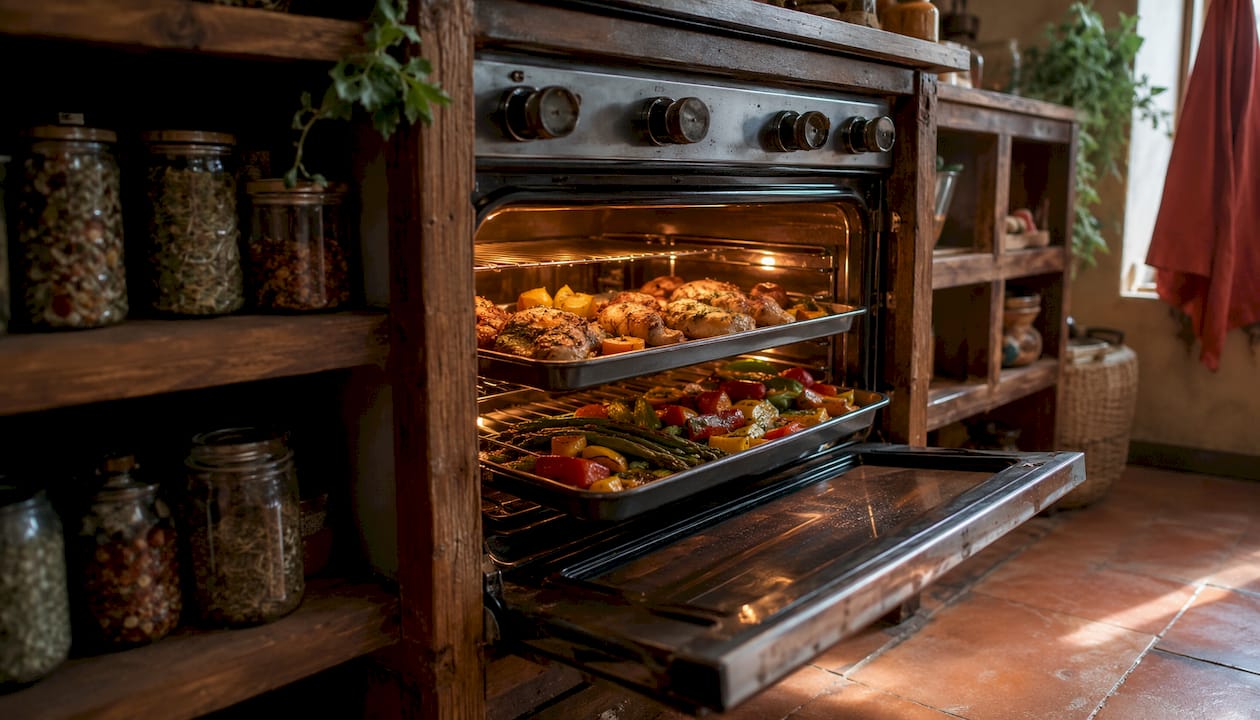 Two sheet pans roasting different ingredients in oven