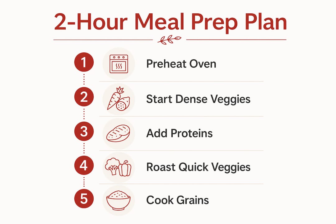 Infographic showing step-by-step 2-hour sheet pan meal prep plan