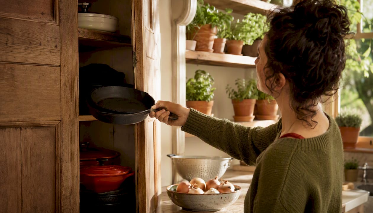 Person choosing cast iron skillet from kitchen cabinet