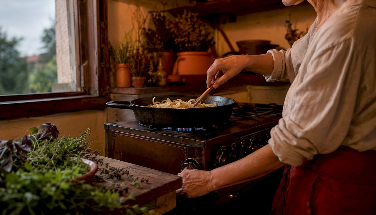 Hands stirring onions in skillet during caramelization