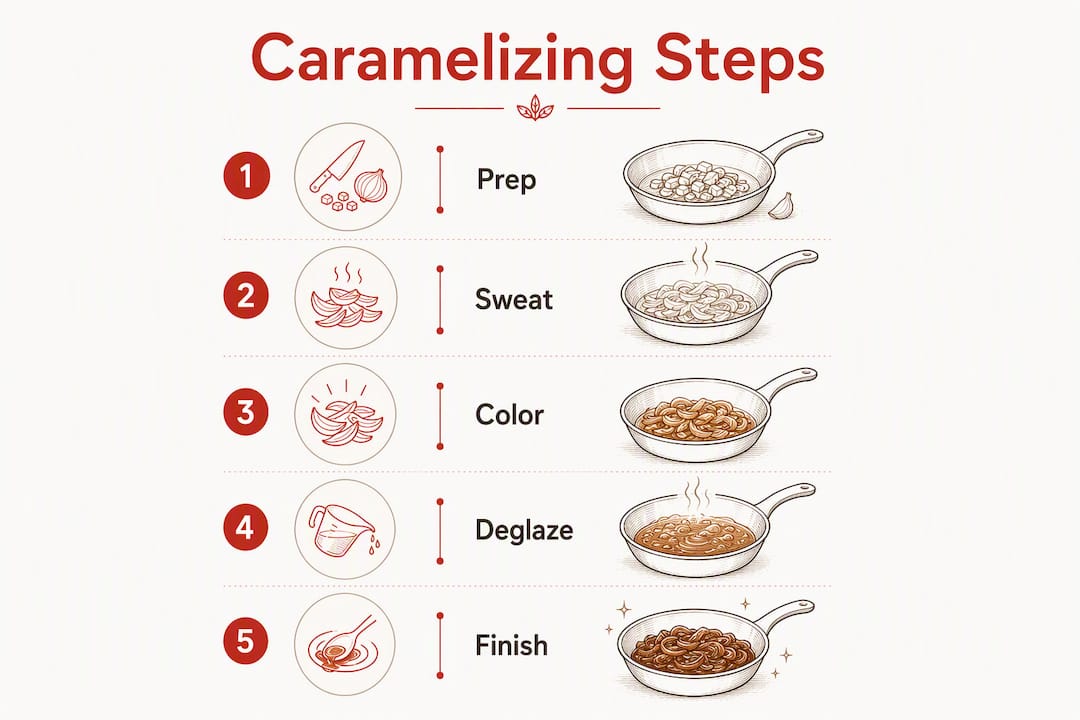 Infographic showing caramelizing onions steps