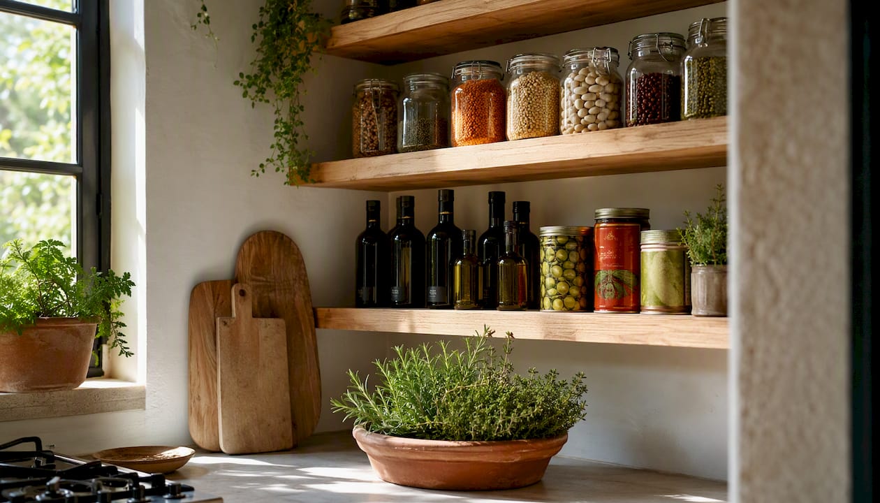 Mediterranean diet pantry shelves with essentials