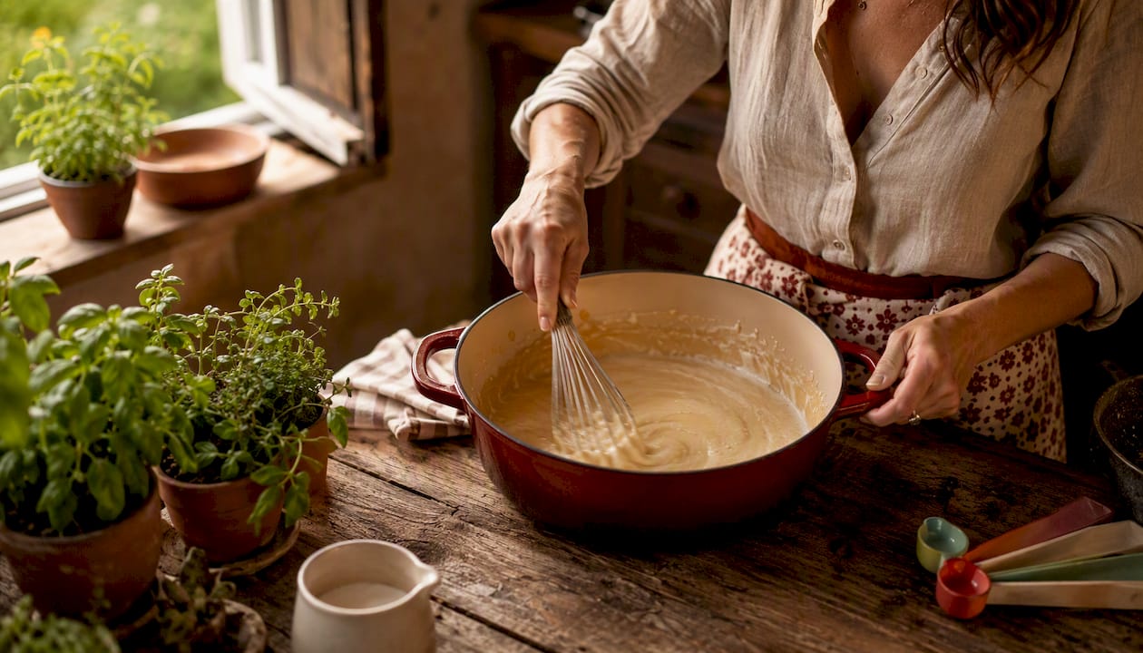 Hands whisking roux and milk in saucepan