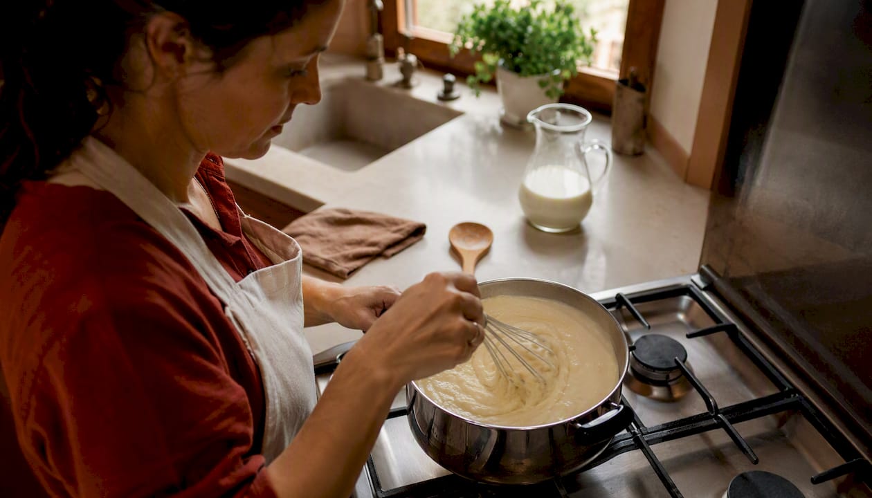 Overhead view of whisking lumps out of béchamel sauce