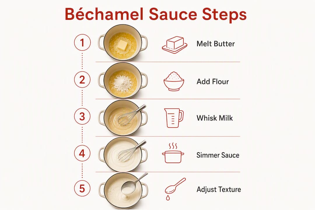 Infographic showing step-by-step béchamel sauce making process