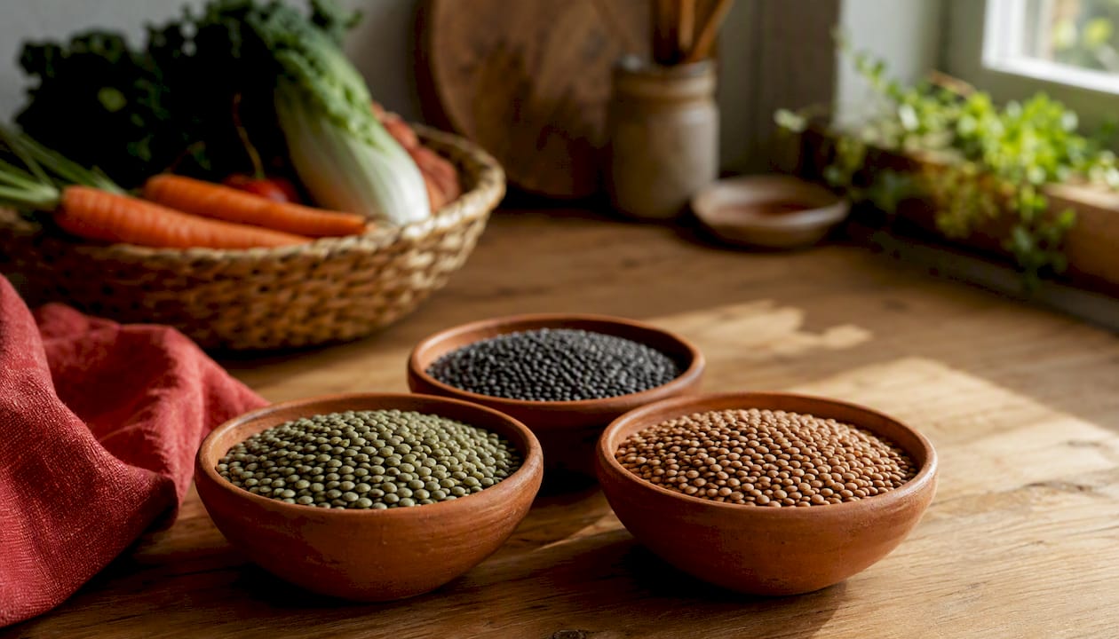Close-up of green, brown, red lentils in bowls