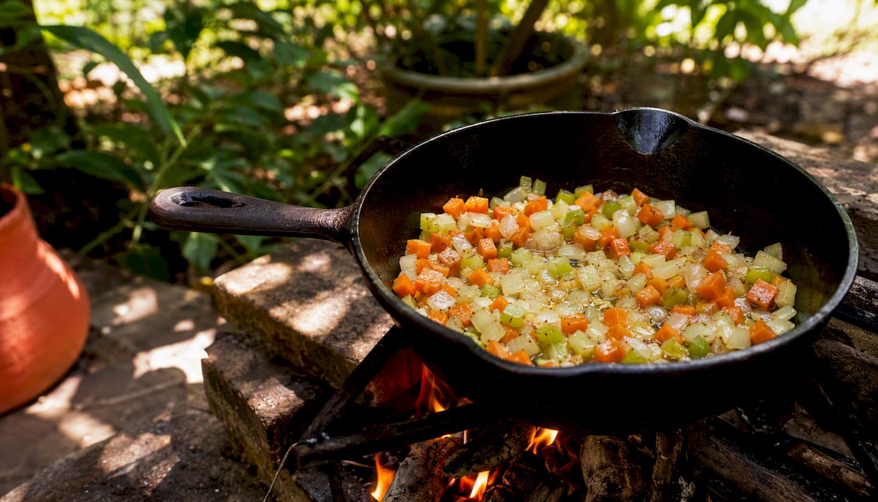 Caramelizing diced onions, carrots, and celery in skillet