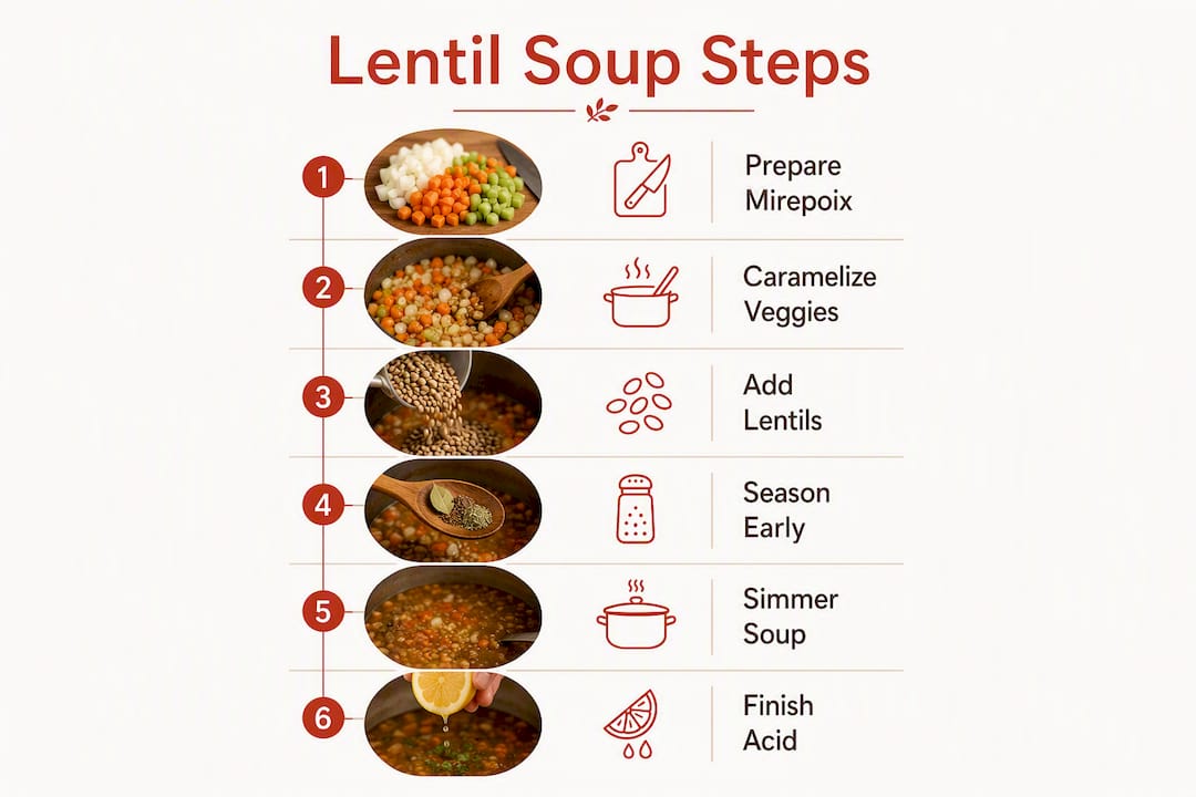 Step-by-step infographic for making lentil soup