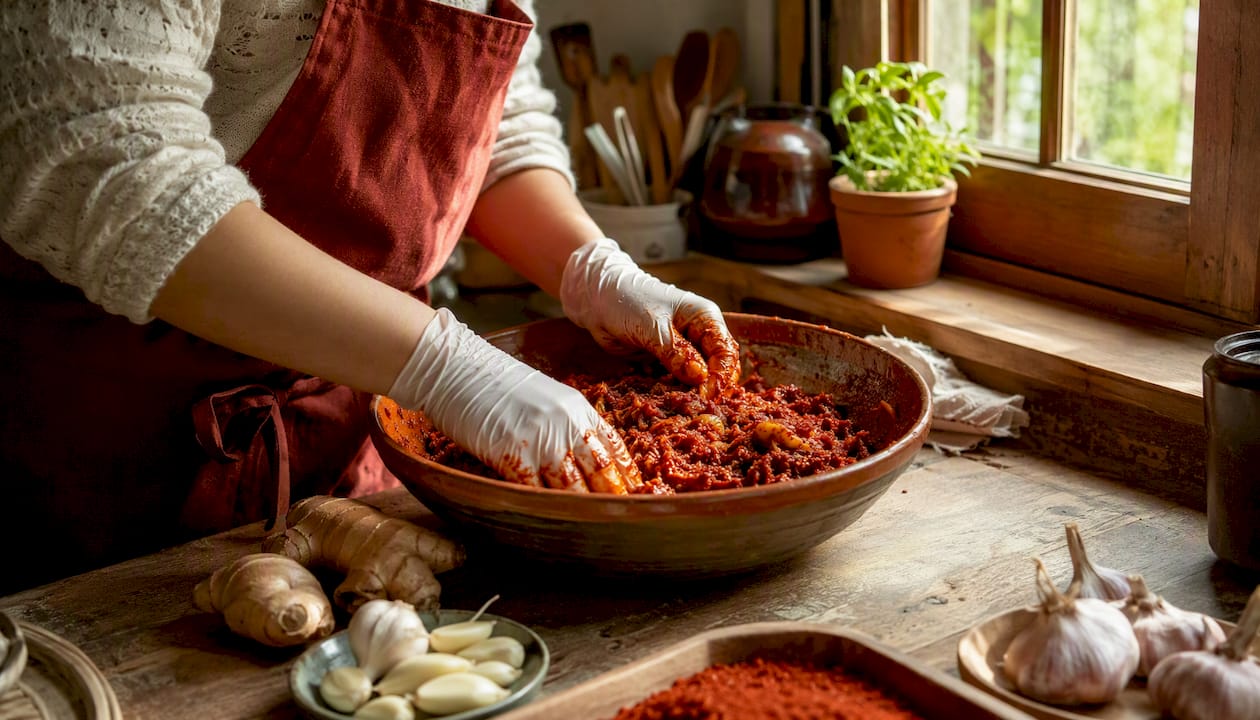 Hands mixing kimchi seasoning paste with gloves