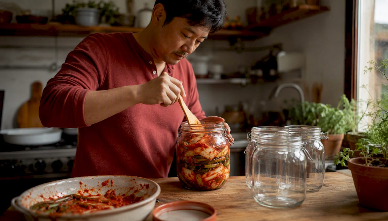 Man packing kimchi into fermentation jar