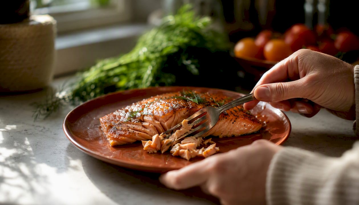 Fork flaking cooked salmon fillet