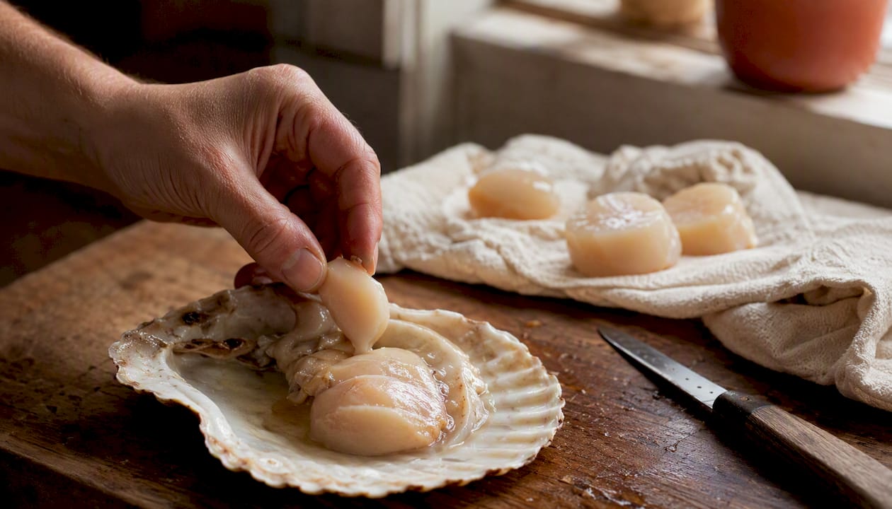 Hand removing side muscle from scallop