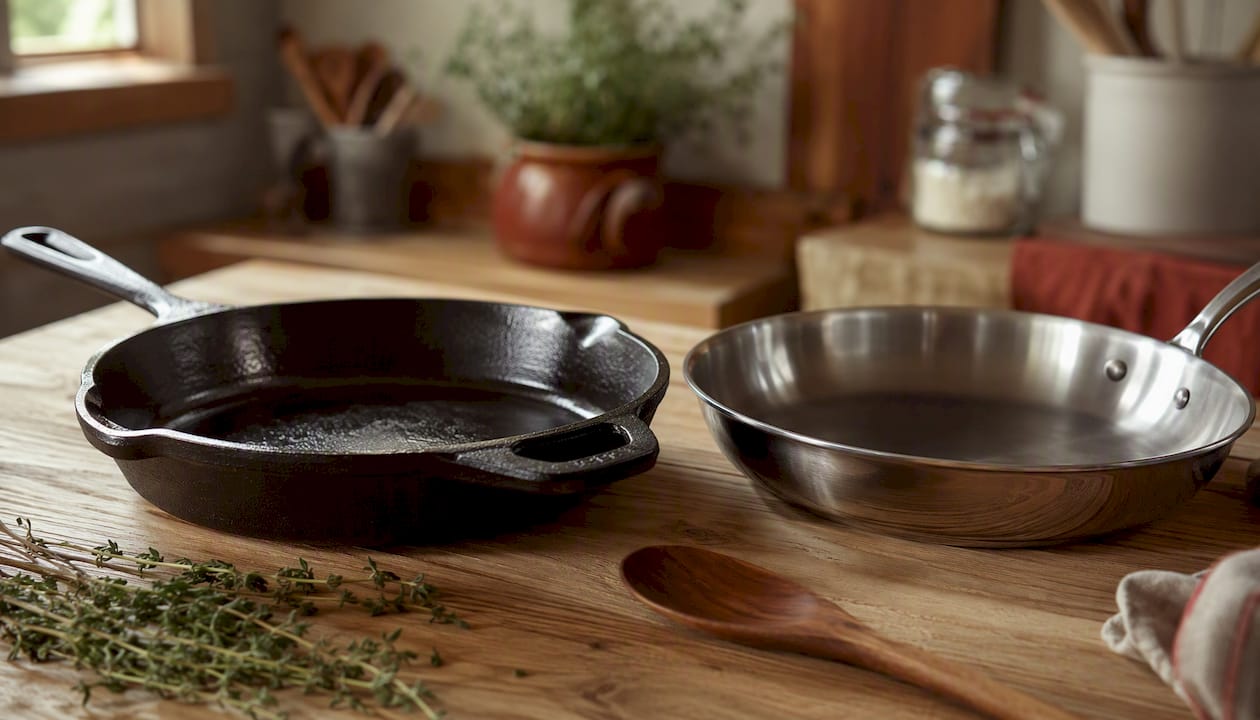 Cast-iron and stainless steel pans ready for searing
