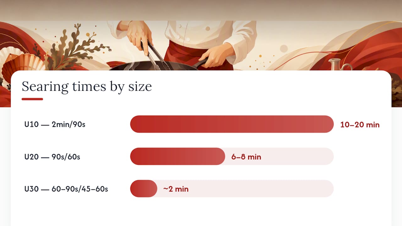 Scallop size vs searing cooking times diagram