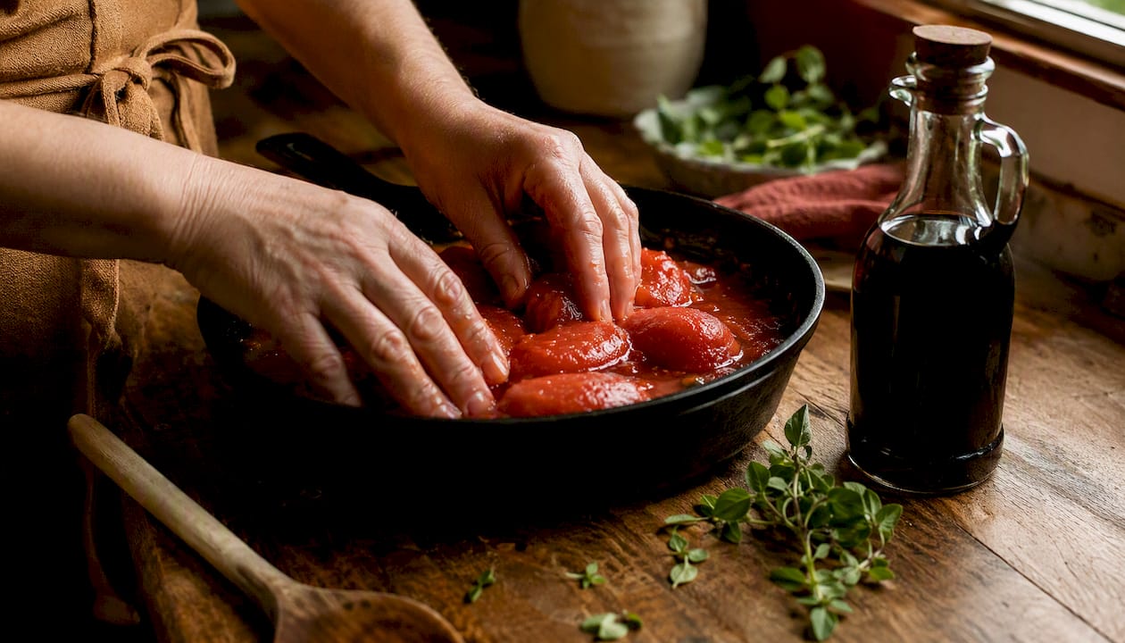 Hands crushing whole peeled tomatoes in pan
