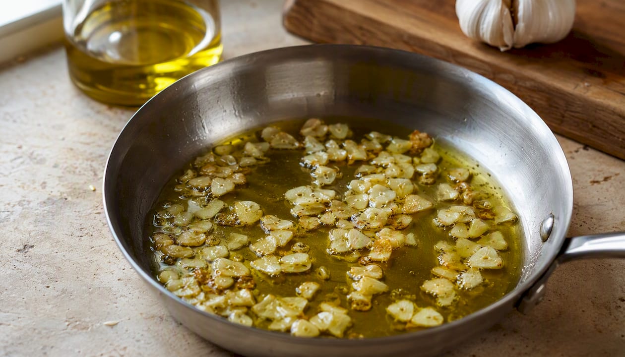 Sliced garlic cooking in olive oil in pan