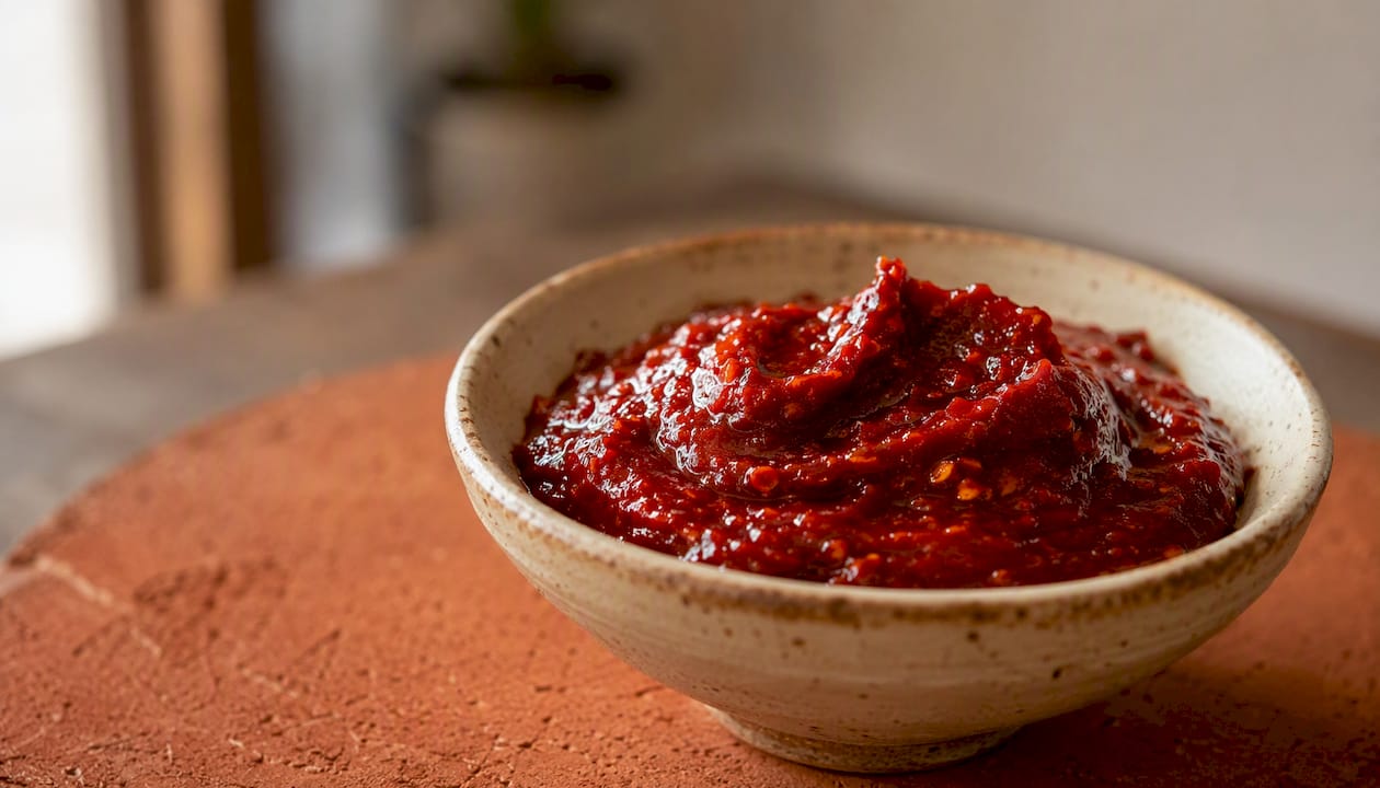 Close-up of sticky gochujang chili paste