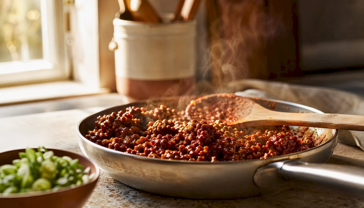 Ground beef cooking in gochujang sauce