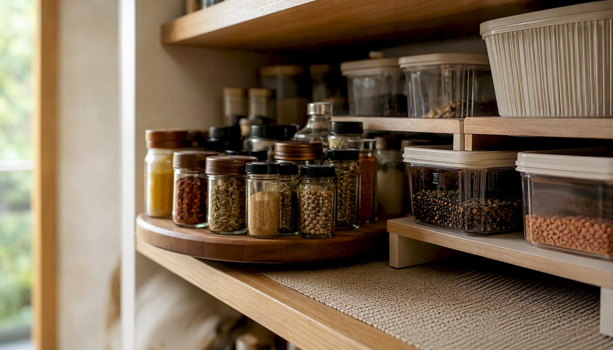 Pantry shelf with lazy Susan and shelf risers