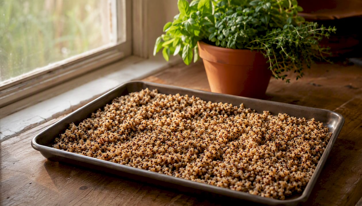Cooked grains spread on sheet pan to cool