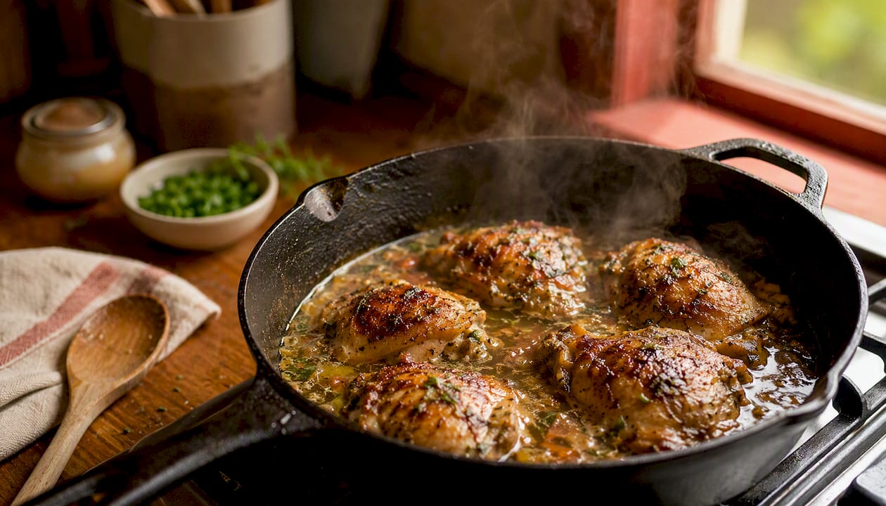 Braised chicken thighs cooking on stove