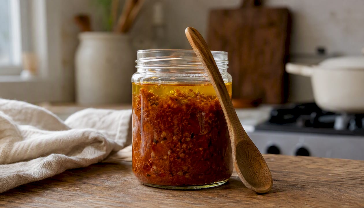 Jar of harissa topped with olive oil for preservation