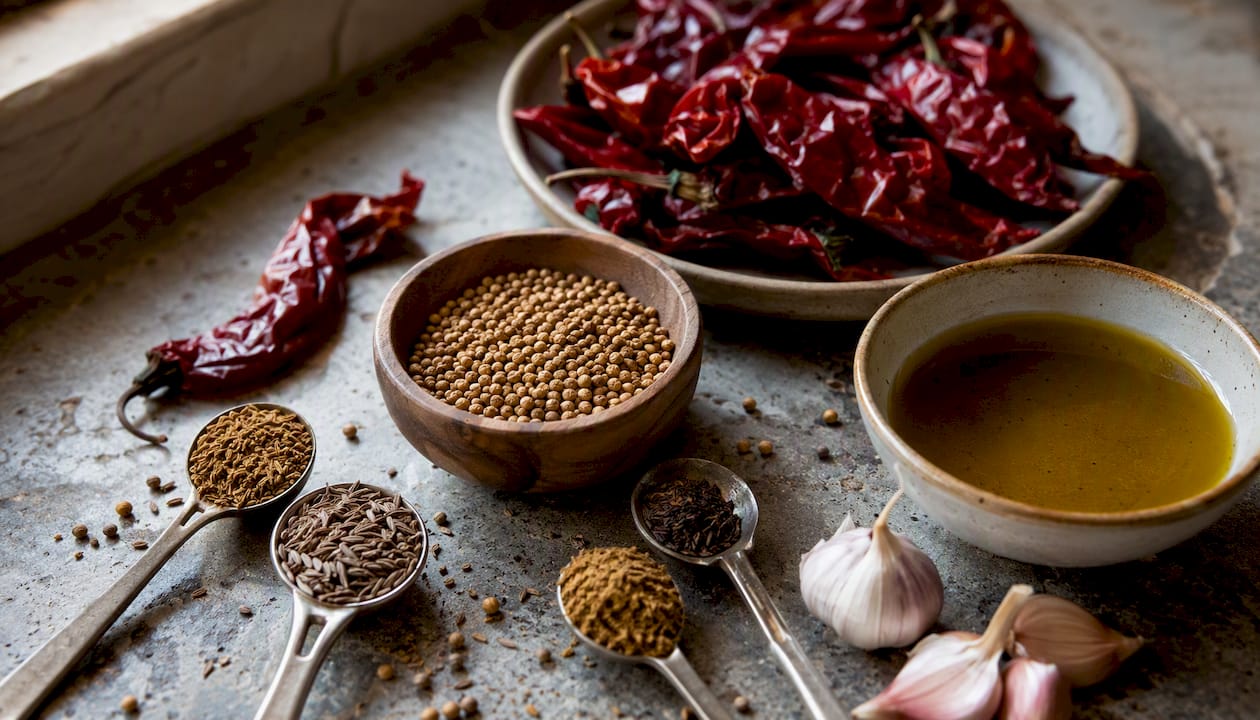 Traditional harissa ingredients on wooden board