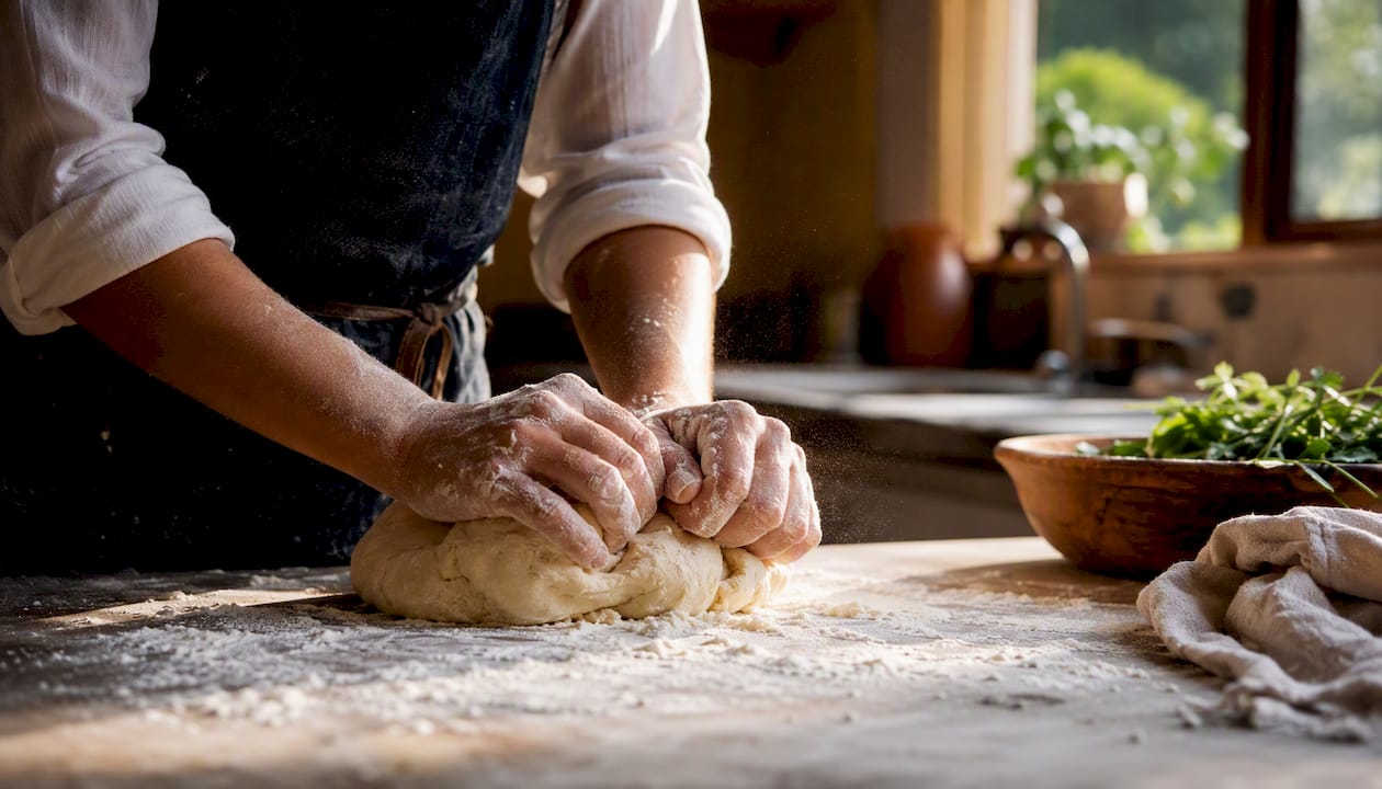 Hands kneading fresh pasta dough on board