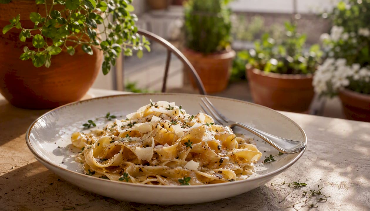 Plate of fresh ribbon pasta with butter sauce and cheese