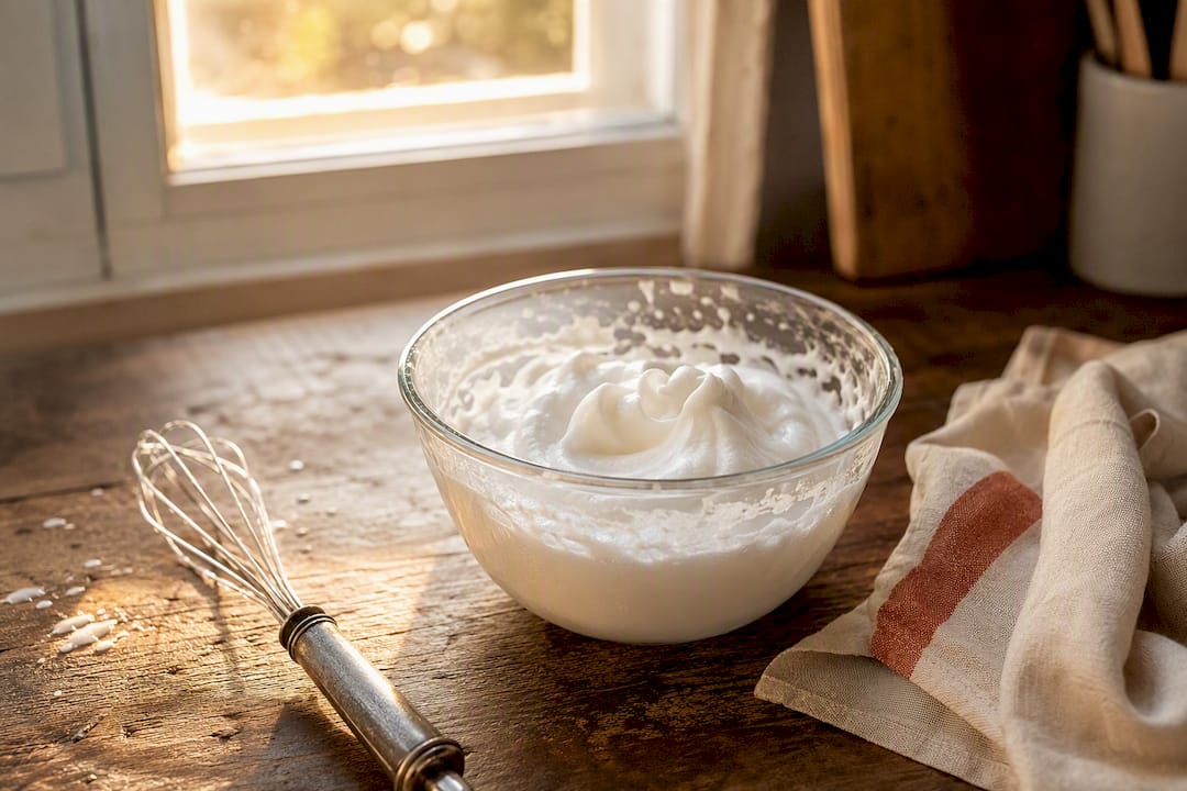 Bowl of whipped aquafaba foam with whisk