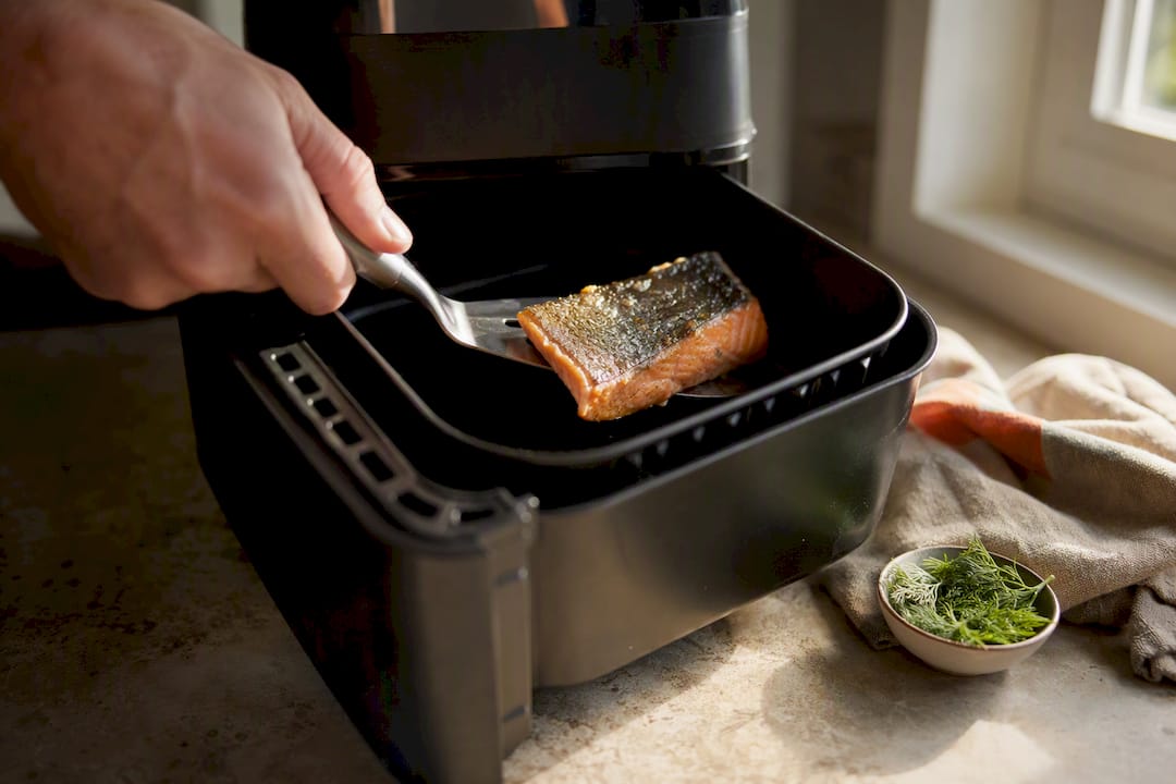 Hand flipping salmon fillet in air fryer basket