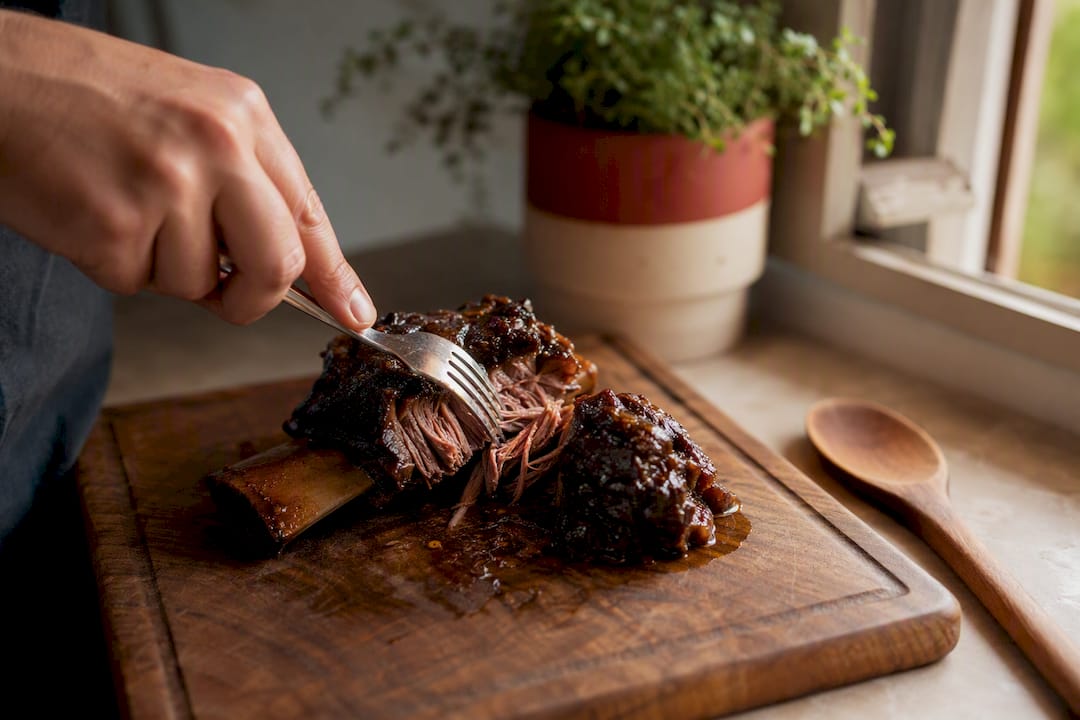 Fork testing tenderness of cooked short rib
