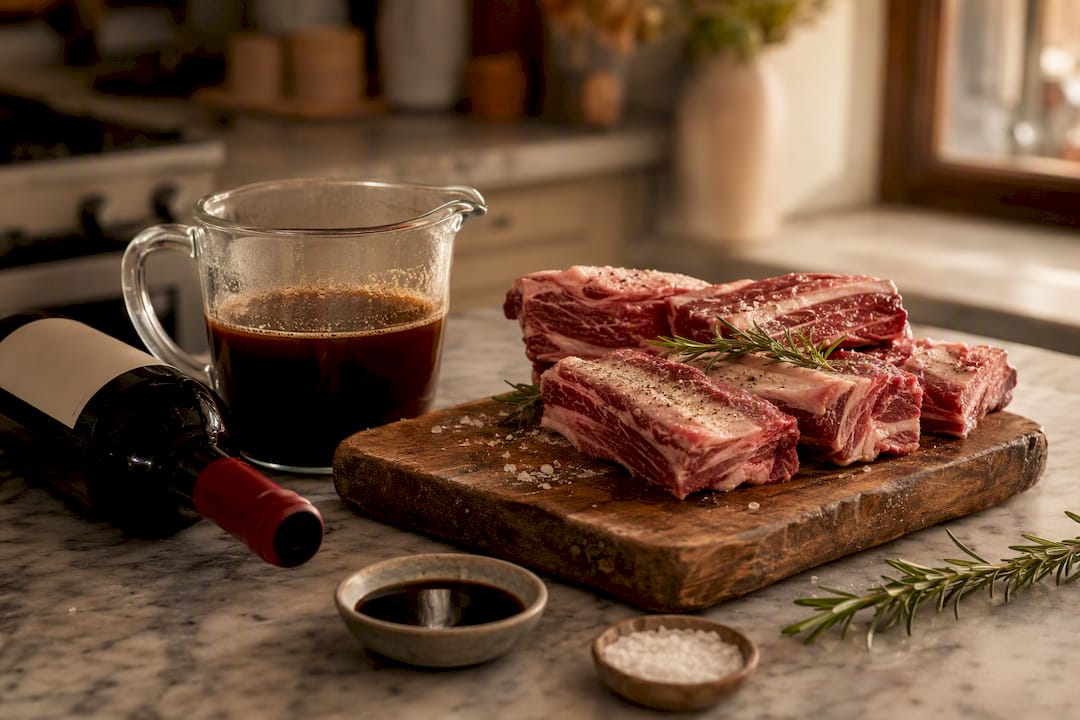 Ingredients for braised short ribs on wooden counter