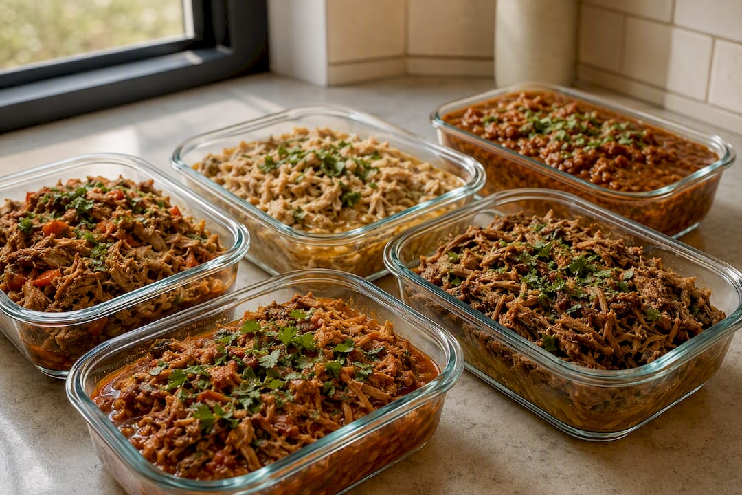 Containers of shredded crockpot meat leftovers in fridge